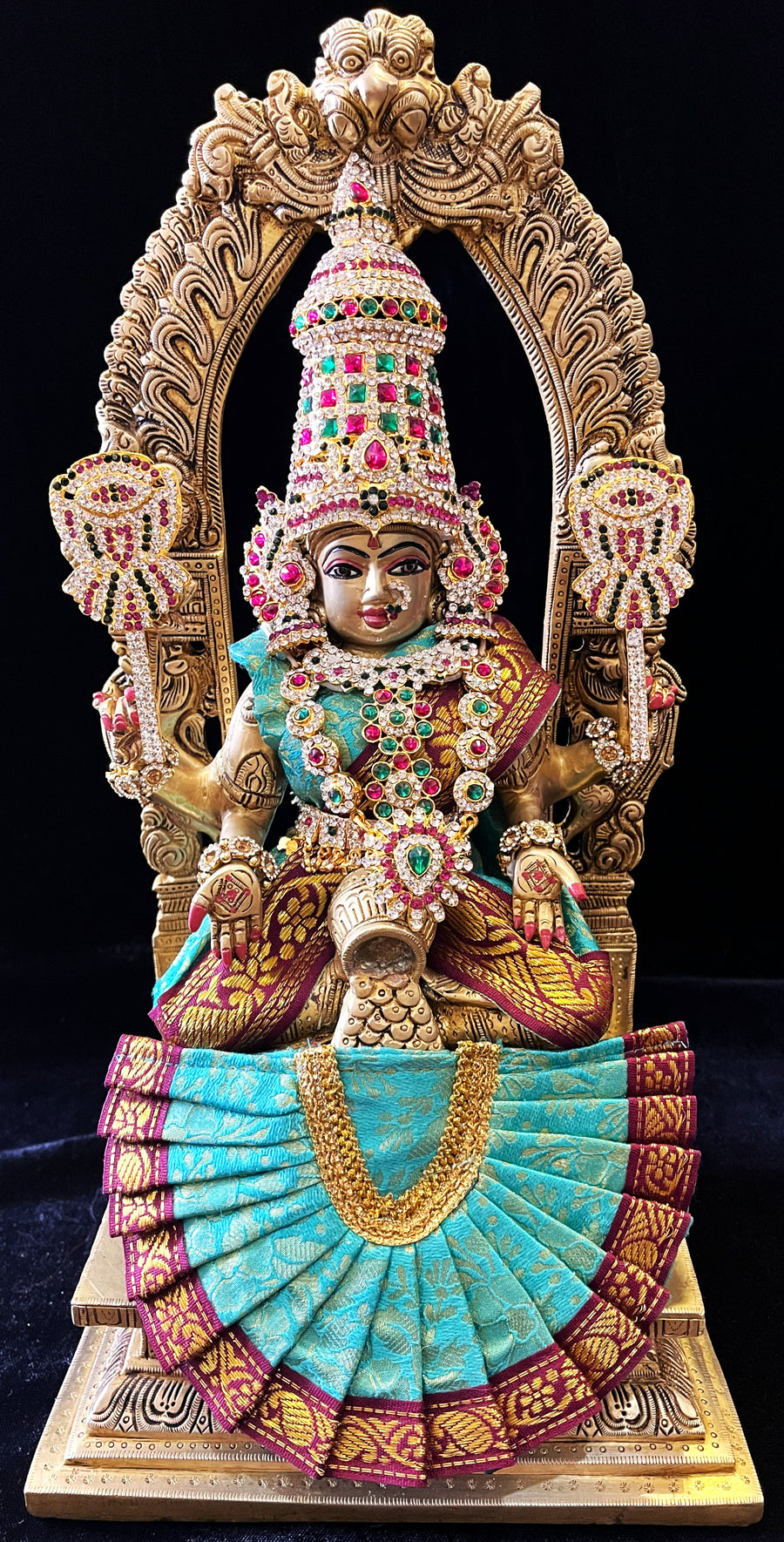 Deity Kamakshi Saree made of Brocade Silk (Not Pure Silk) - Aqua Blue Saree with Maroon border, Aqua Blue blouse and Aqua Blue Fan