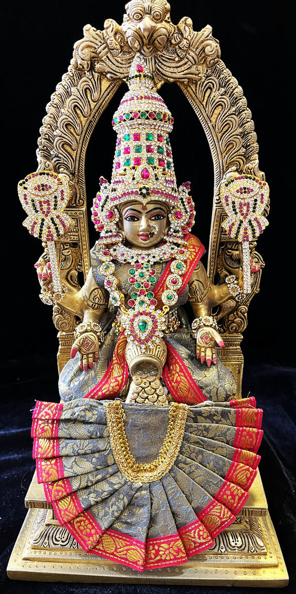Deity Kamakshi Saree made of Brocade Silk (Not Pure Silk) - Grey Saree with Red Border, Grey Blouse and Grey Fan