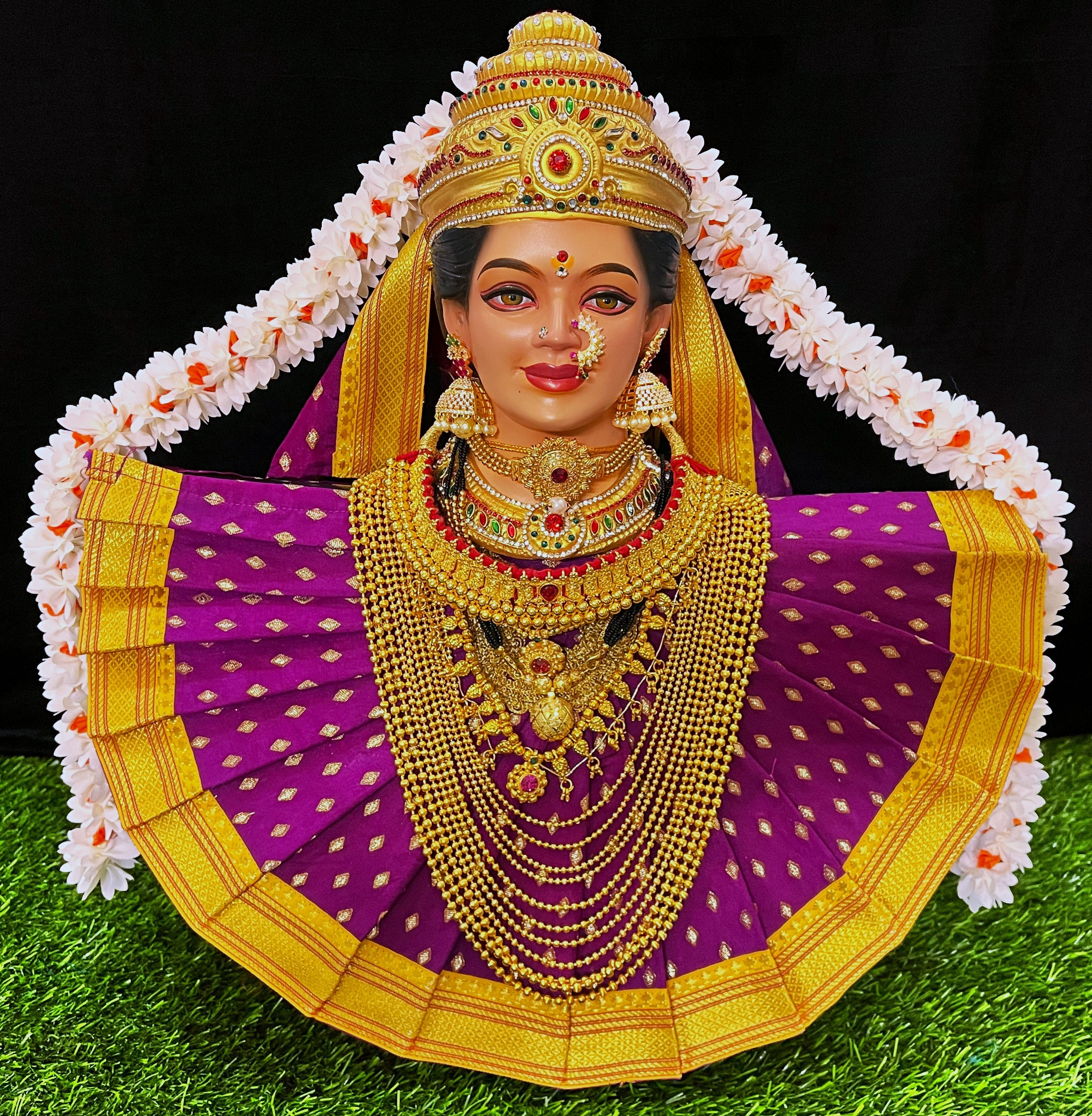 Deity Pre-stitched Kohlapur Mahalakshmi Saree made of Chanderi Silk (Not Pure Silk) - Magenta-Pink Saree with Yellow Border and Magenta-Pink Shalya 1