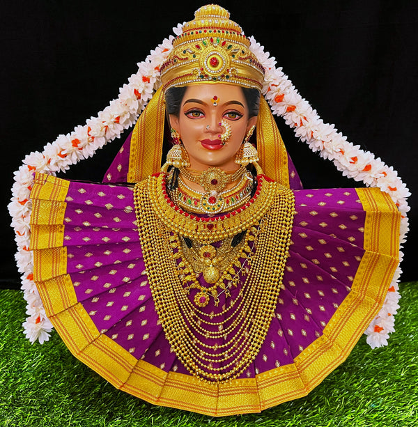 Deity Pre-stitched Kohlapur Mahalakshmi Saree made of Chanderi Silk (Not Pure Silk) - Magenta-Pink Saree with Yellow Border and Magenta-Pink Shalya