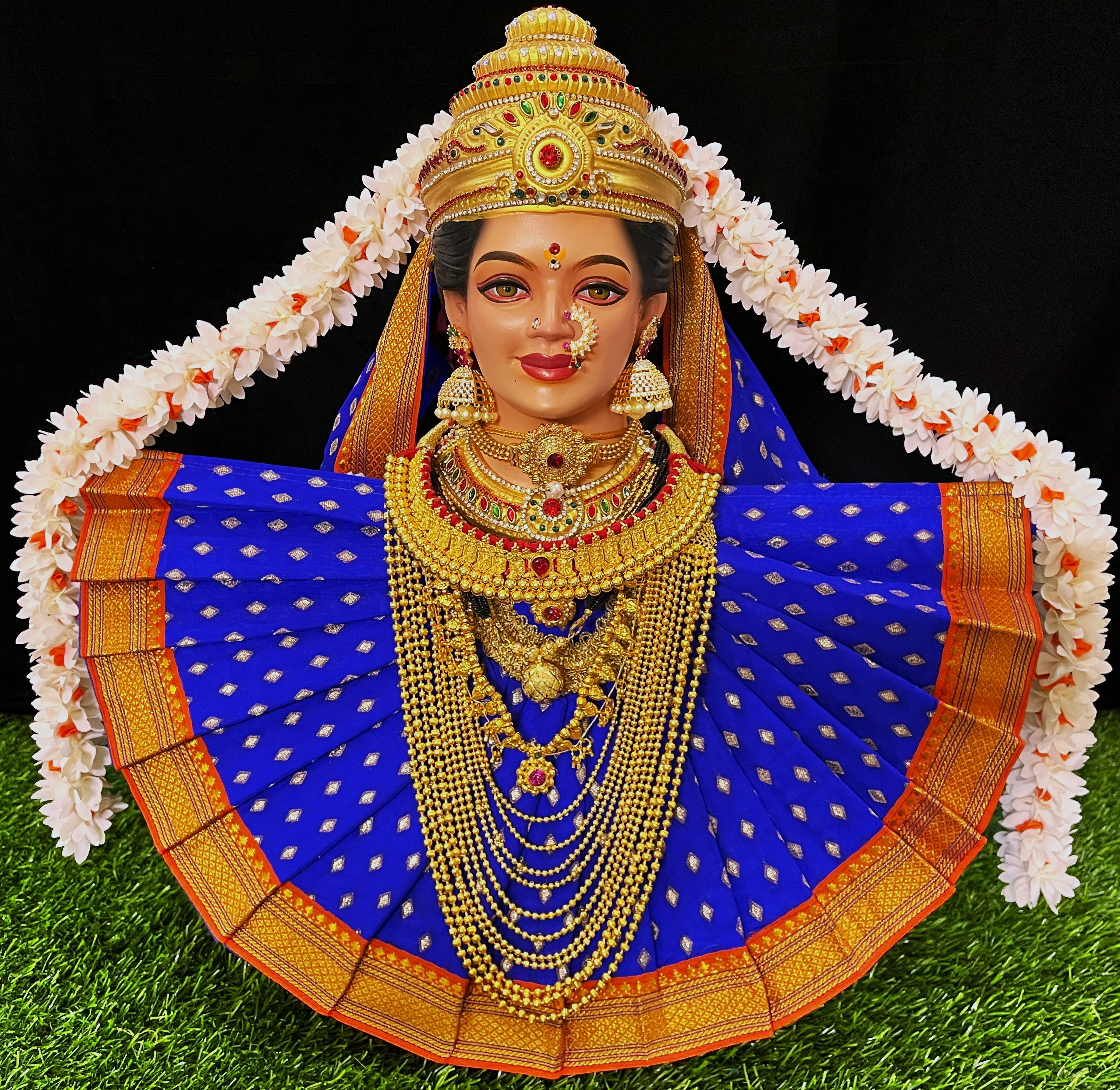 Deity Pre-stitched Kohlapur Mahalakshmi Saree made of Chanderi Silk (Not Pure Silk) - Royal Blue Saree with Orange Border and Royal Blue Shalya 1