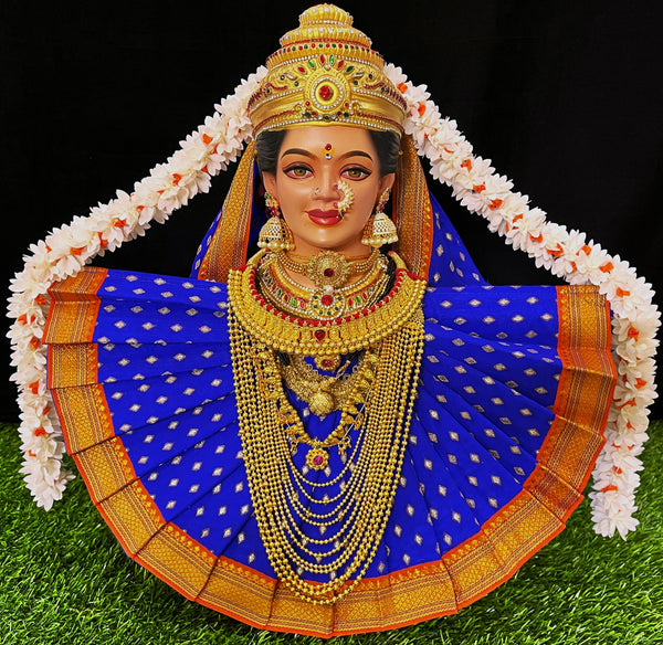 Deity Pre-stitched Kohlapur Mahalakshmi Saree made of Chanderi Silk (Not Pure Silk) - Royal Blue Saree with Orange Border and Royal Blue Shalya
