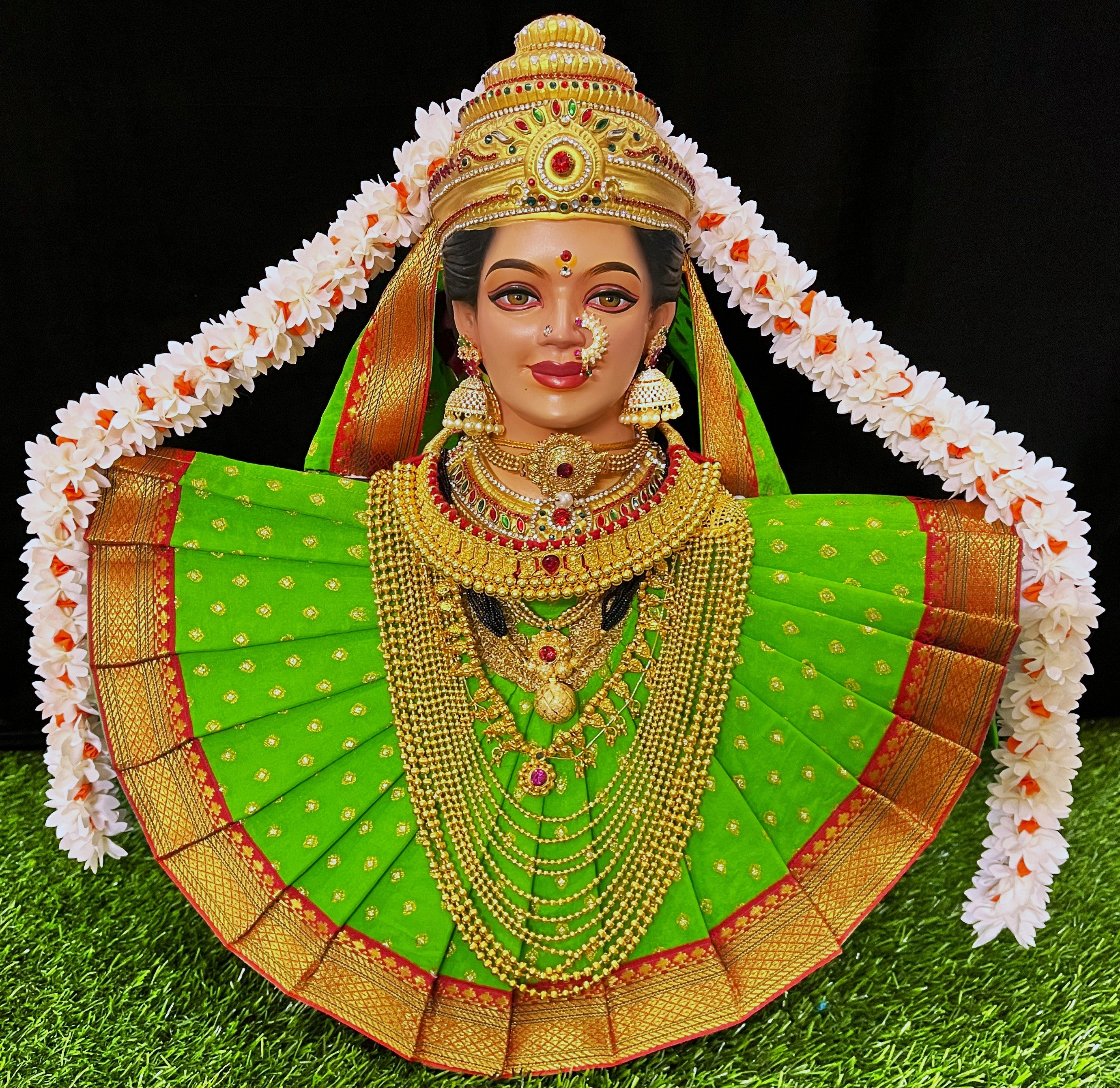 Deity Pre-stitched Kohlapur Mahalakshmi Saree made of Chanderi Silk (Not Pure Silk) - Parrot Green Saree with Red Border and Parrot Green Shalya 1