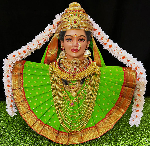 Deity Pre-stitched Kohlapur Mahalakshmi Saree made of Chanderi Silk (Not Pure Silk) - Parrot Green Saree with Red Border and Parrot Green Shalya
