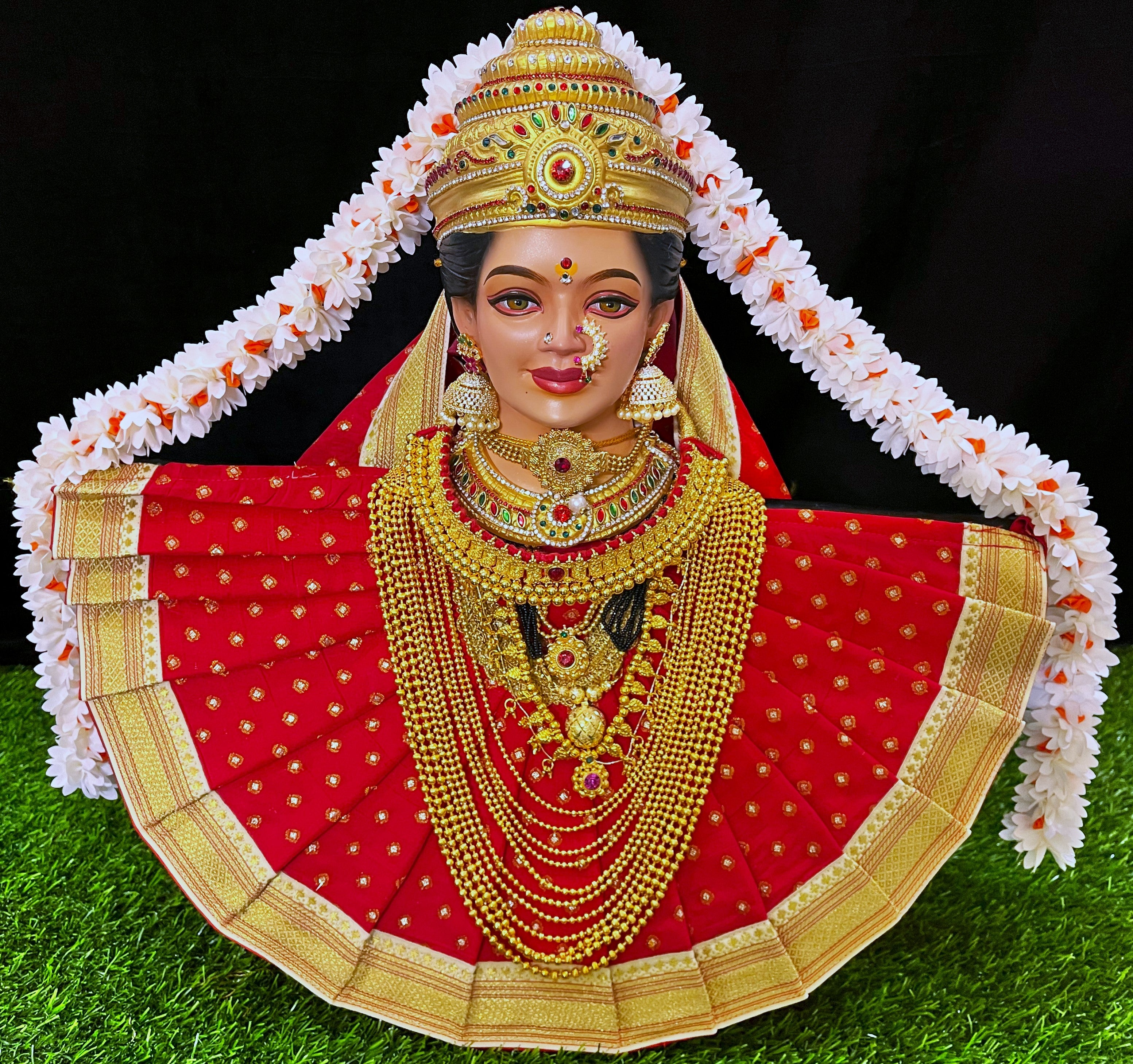 Deity Pre-stitched Kohlapur Mahalakshmi Saree made of Chanderi Silk (Not Pure Silk) - Red Saree with Off White Border and Red Shalya 1