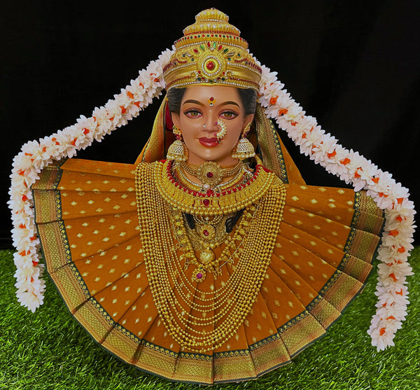 Deity Pre-stitched Kohlapur Mahalakshmi Saree made of Chanderi Silk (Not Pure Silk) - Mustard Yellow Saree with Dark Green Border and Mustard Yellow Shalya