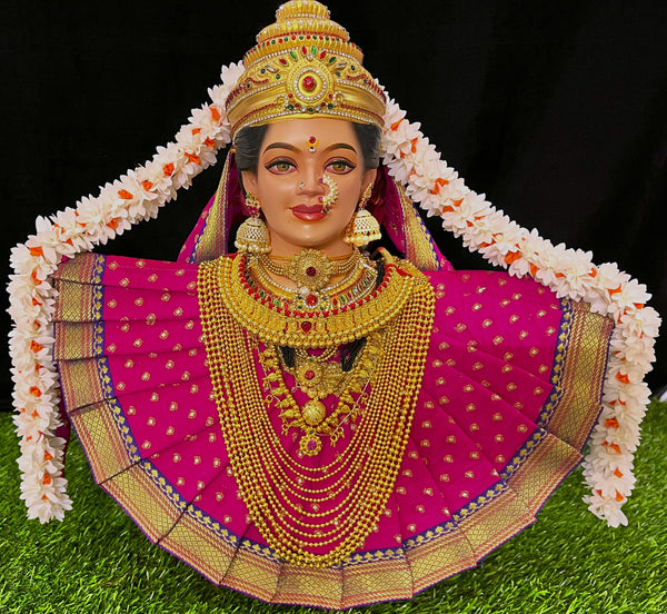 Deity Pre-stitched Kohlapur Mahalakshmi Saree made of Chanderi Silk (Not Pure Silk) - Pink Saree with Purple Border and Pink Shalya