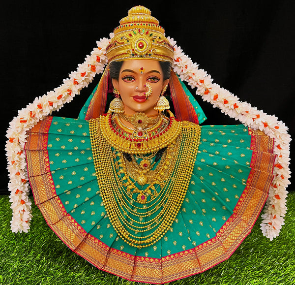 Deity Pre-stitched Kohlapur Mahalakshmi Saree made of Chanderi Silk (Not Pure Silk) - Rama Green Saree with Red Border and Rama Green Shalya