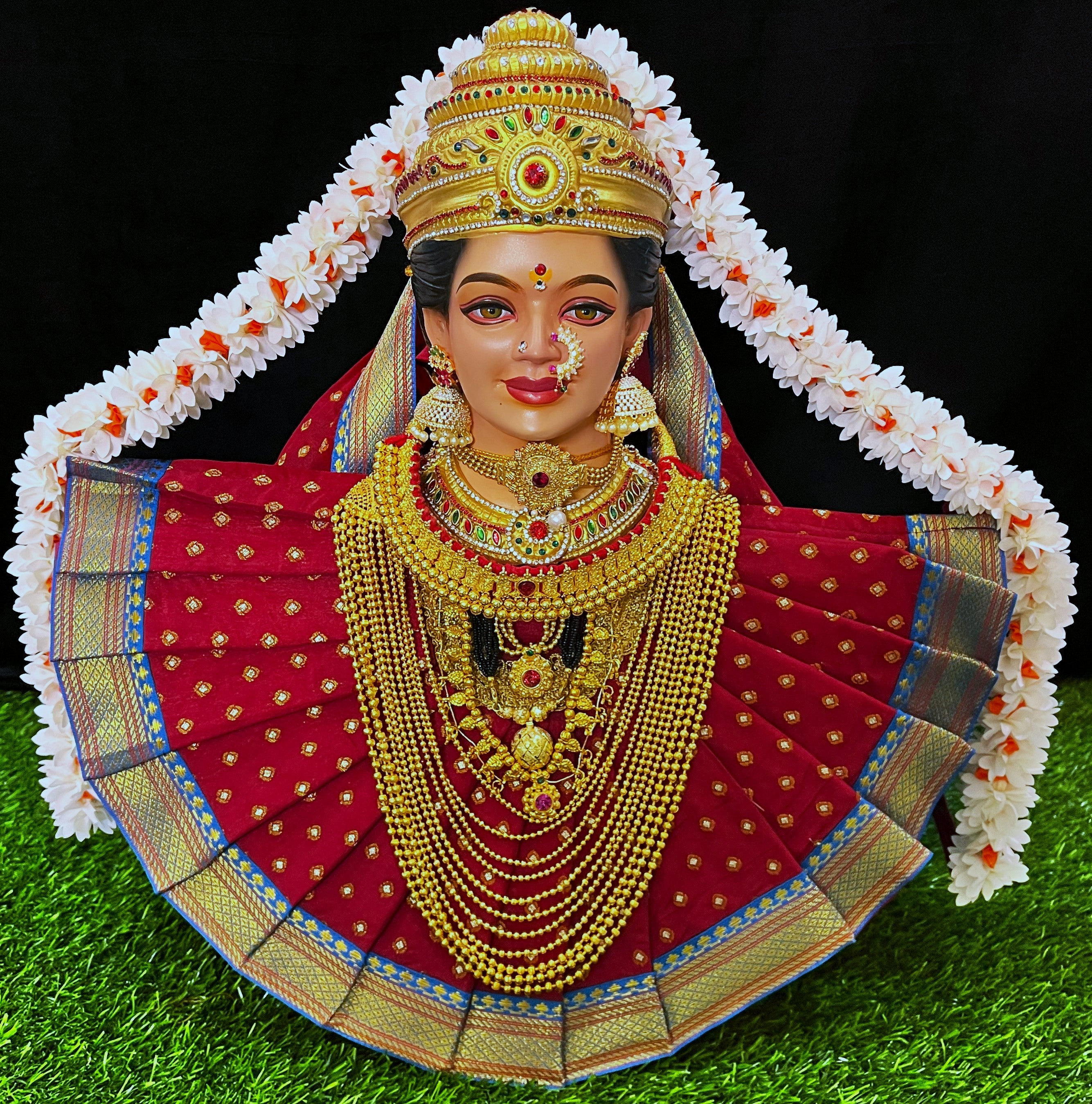 Deity Pre-stitched Kohlapur Mahalakshmi Saree made of Chanderi Silk (Not Pure Silk) - Maroon Saree with Sky Blue Border and Maroon Shalya 1