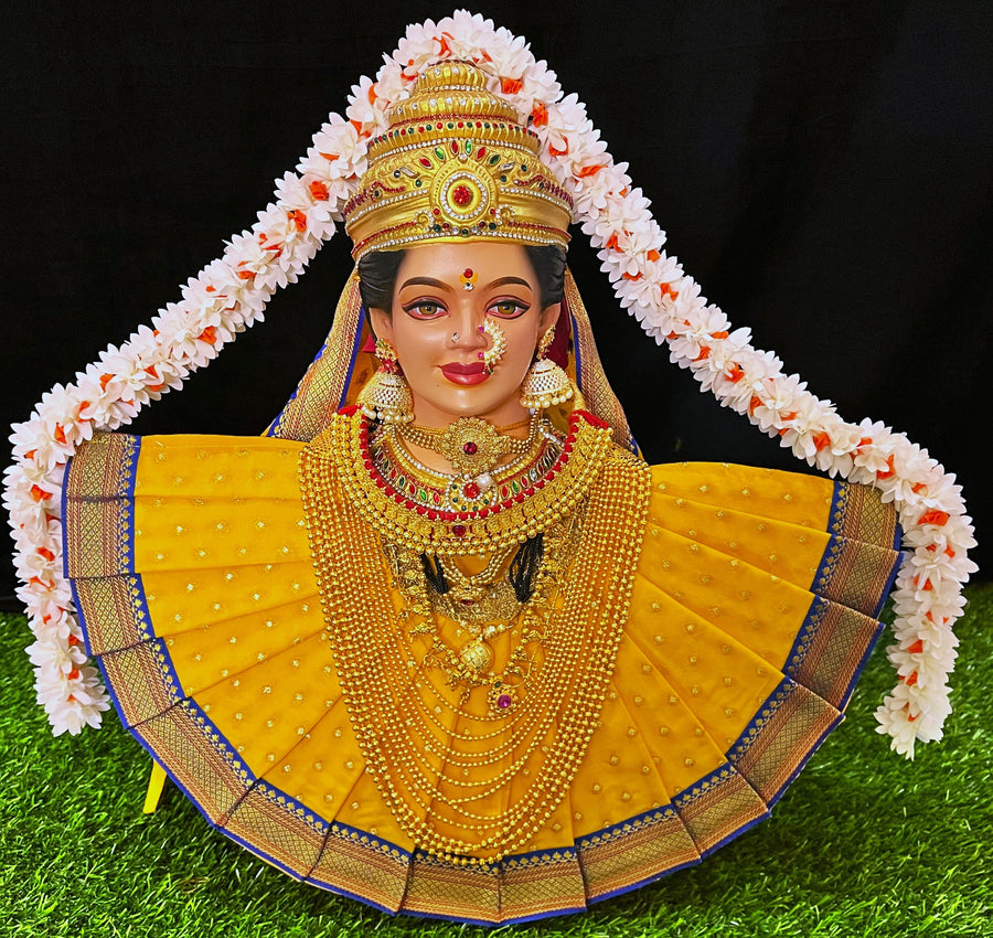 Deity Pre-stitched Kohlapur Mahalakshmi Saree made of Chanderi Silk (Not Pure Silk) - Yellow Saree with Royal Blue Border and Yellow Shalya