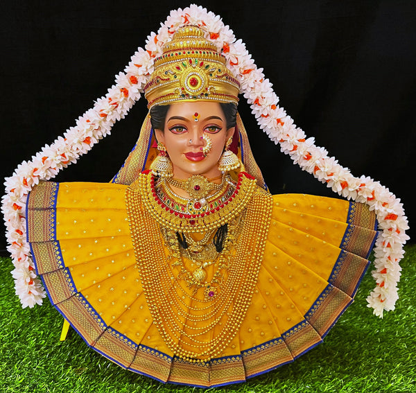 Deity Pre-stitched Kohlapur Mahalakshmi Saree made of Chanderi Silk (Not Pure Silk) - Yellow Saree with Royal Blue Border and Yellow Shalya