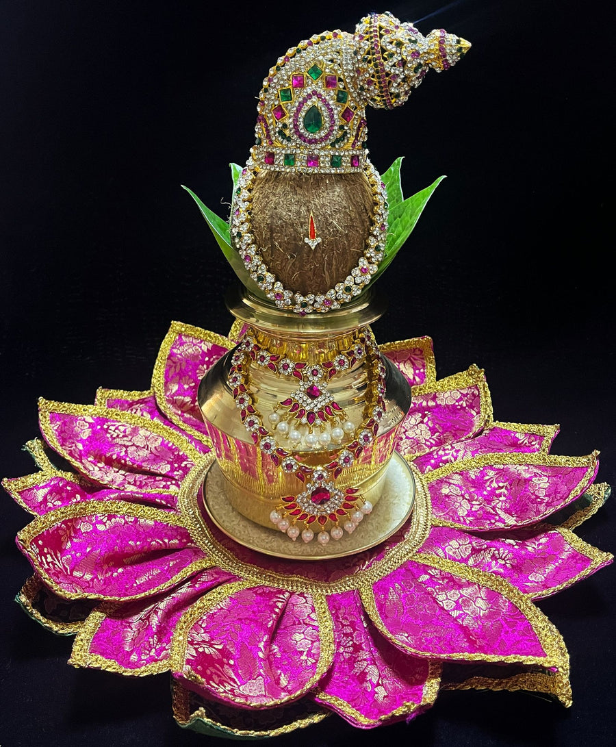 Lotus Asan made of Brocade Silk (Not Pure Silk) - Rani Pink Lotus Petals and Green Leaves with Gold border