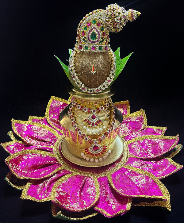 Lotus Asan made of Brocade Silk (Not Pure Silk) - Rani Pink Lotus Petals and Green Leaves with Gold border