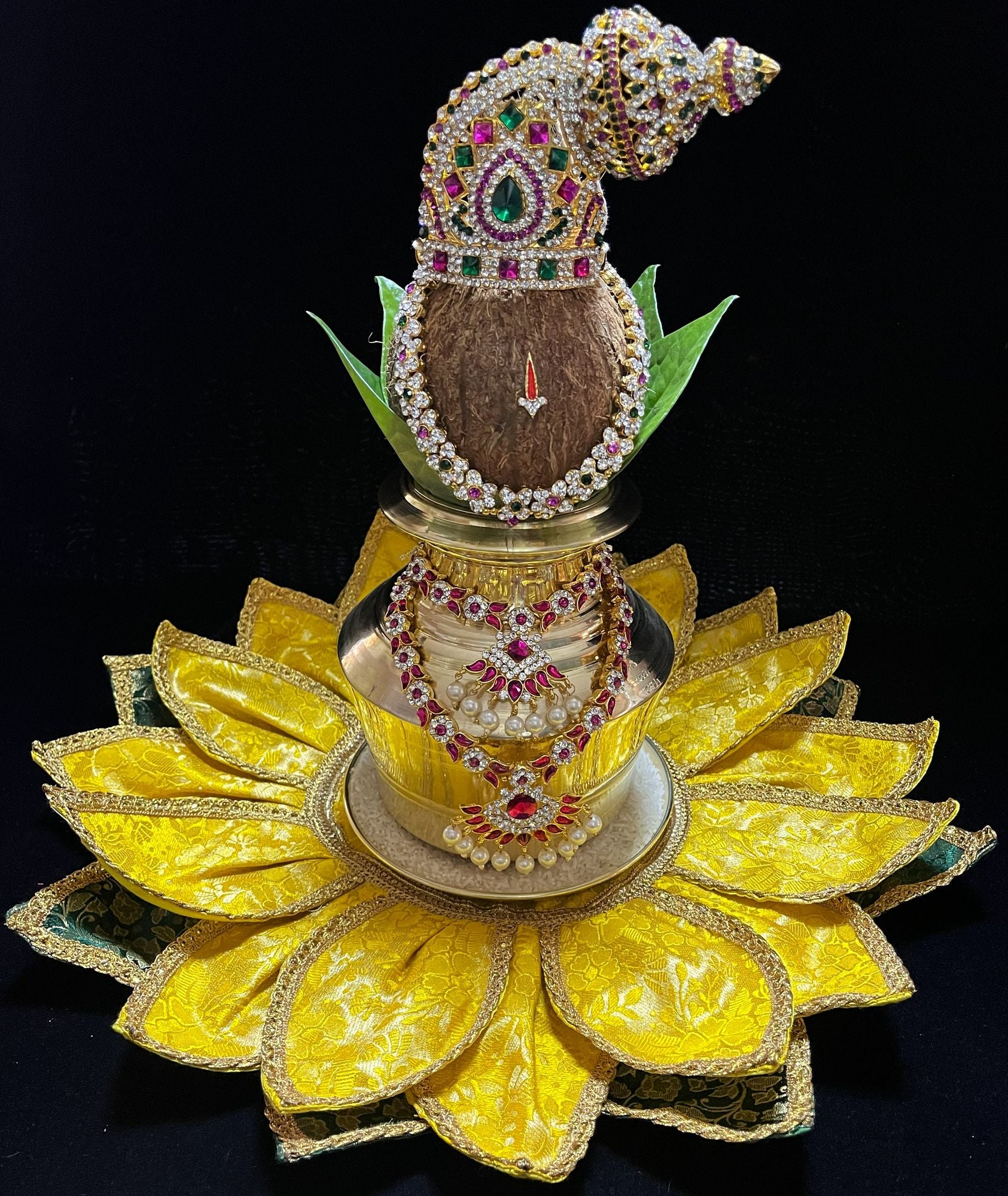 Lotus Asan made of Brocade Silk (Not Pure Silk) - Yellow Lotus Petals and Green Leaves with Gold border 1