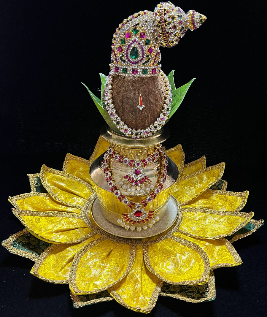 Lotus Asan made of Brocade Silk (Not Pure Silk) - Yellow Lotus Petals and Green Leaves with Gold border
