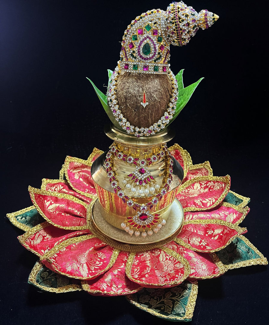 Lotus Asan made of Brocade Silk (Not Pure Silk) - Red Lotus Petals and Green Leaves with Gold border