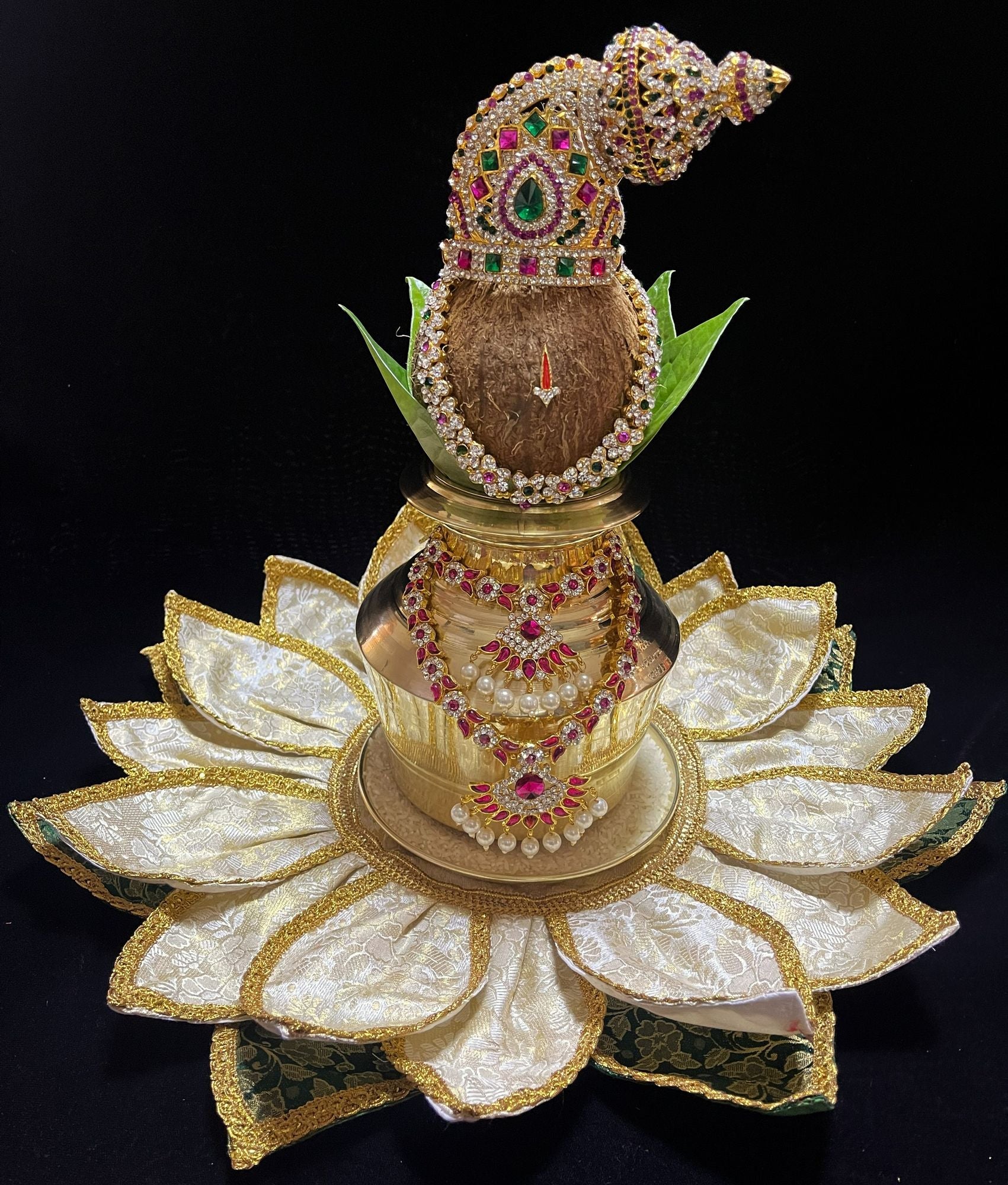 Lotus Asan made of Brocade Silk (Not Pure Silk) - Off-white Lotus Petals and Green Leaves with Gold border 1
