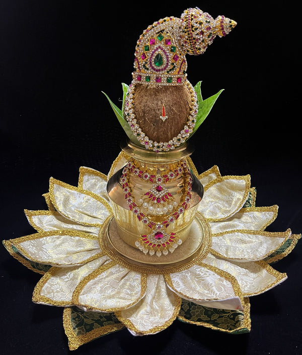 Lotus Asan made of Brocade Silk (Not Pure Silk) - Off-white Lotus Petals and Green Leaves with Gold border