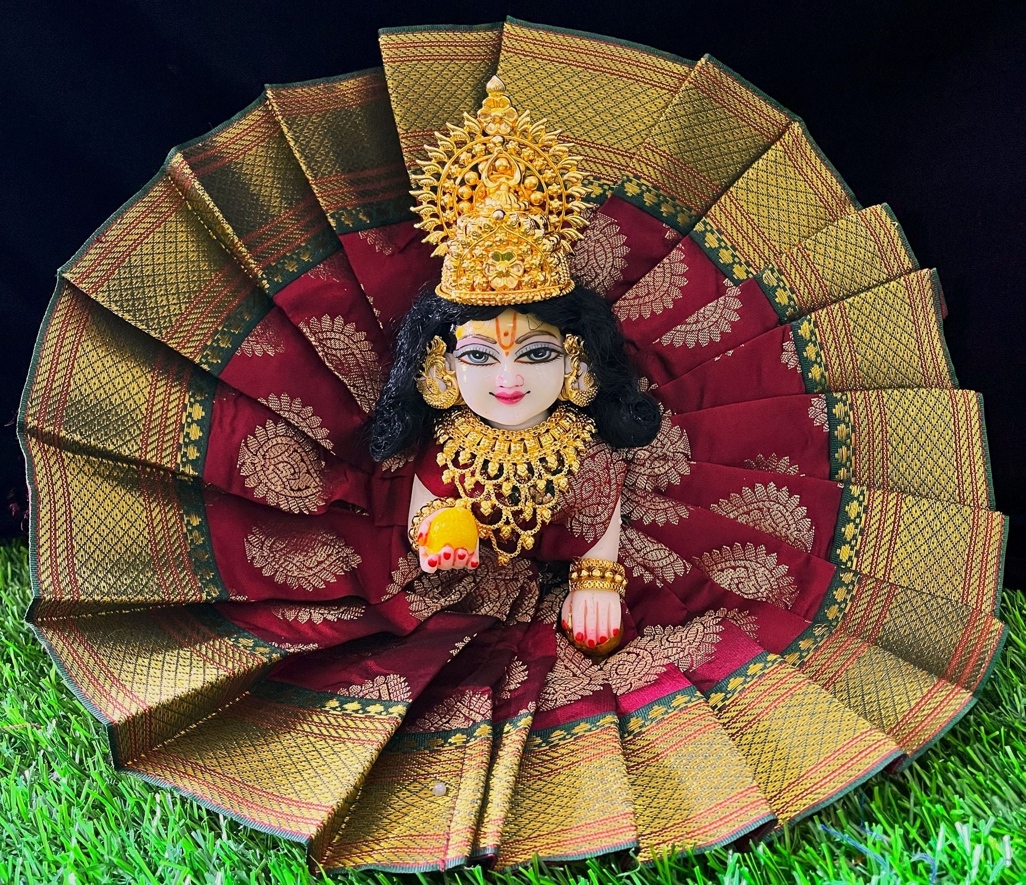 Laddu Gopal Dress made of Tapeta Silk Fabric (Pure Silk) - Maroon dress with Dark Green zari border 1