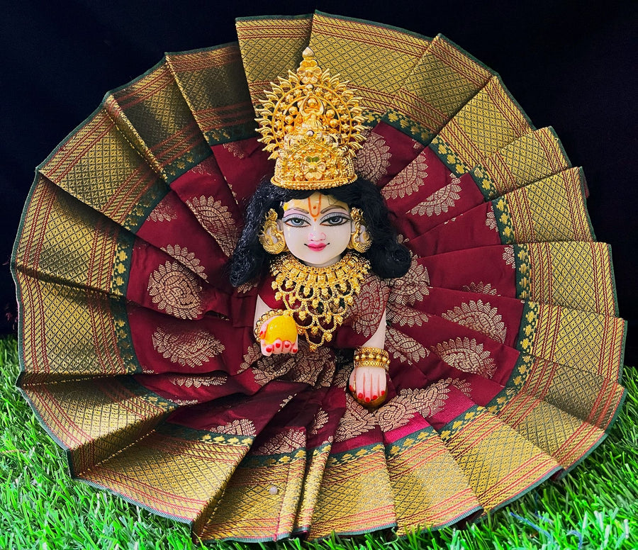 Laddu Gopal Dress made of Tapeta Silk Fabric (Pure Silk) - Maroon dress with Dark Green zari border