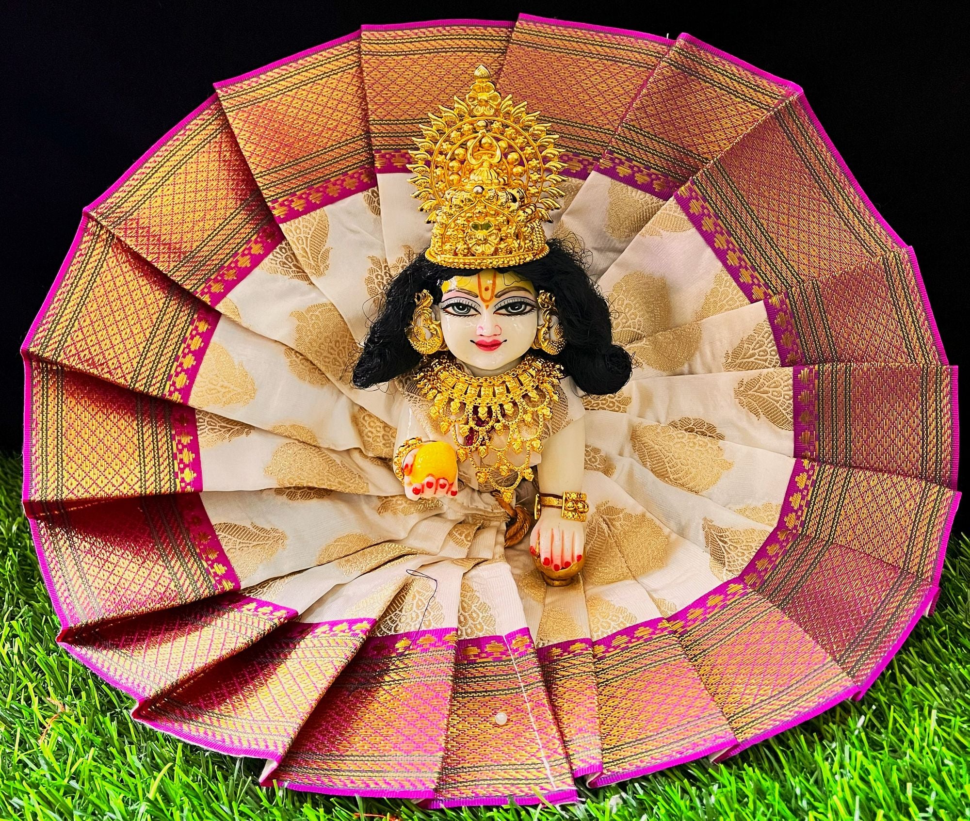 Laddu Gopal Dress made of Tapeta Silk Fabric (Pure Silk) - Off White dress with Pink zari border 1