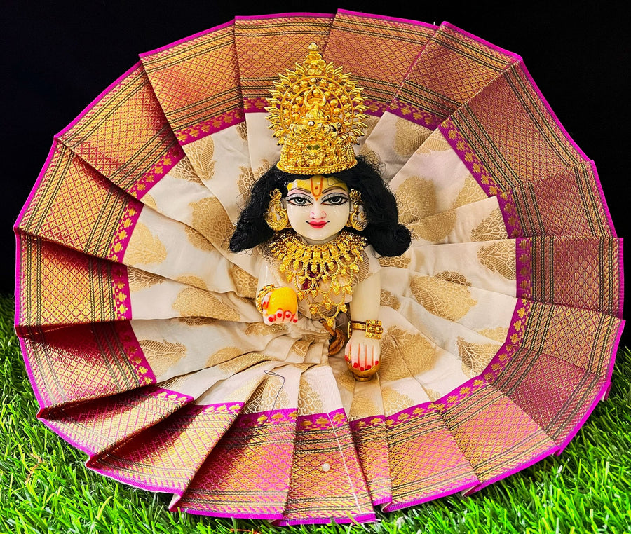 Laddu Gopal Dress made of Tapeta Silk Fabric (Pure Silk) - Off White dress with Pink zari border