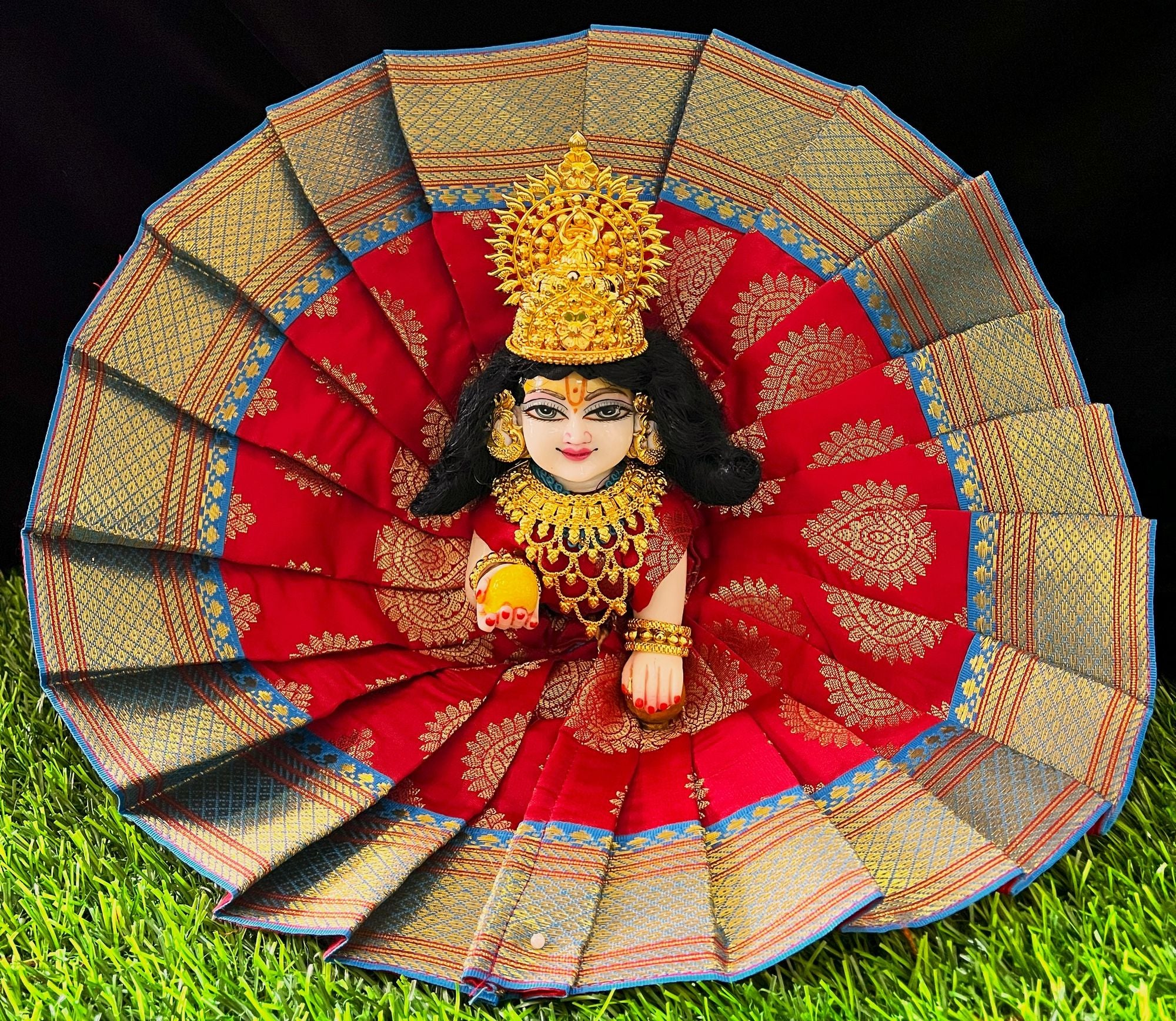 Laddu Gopal Dress made of Tapeta Silk Fabric (Pure Silk) - Red dress with Sky Blue zari border 1