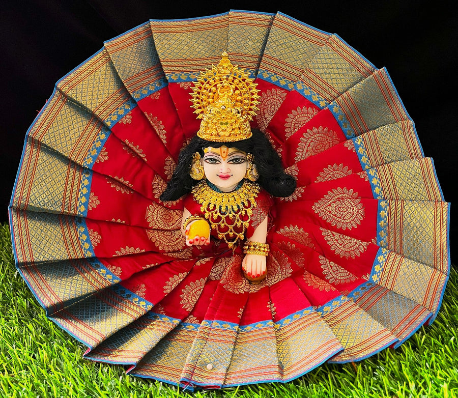 Laddu Gopal Dress made of Tapeta Silk Fabric (Pure Silk) - Red dress with Sky Blue zari border