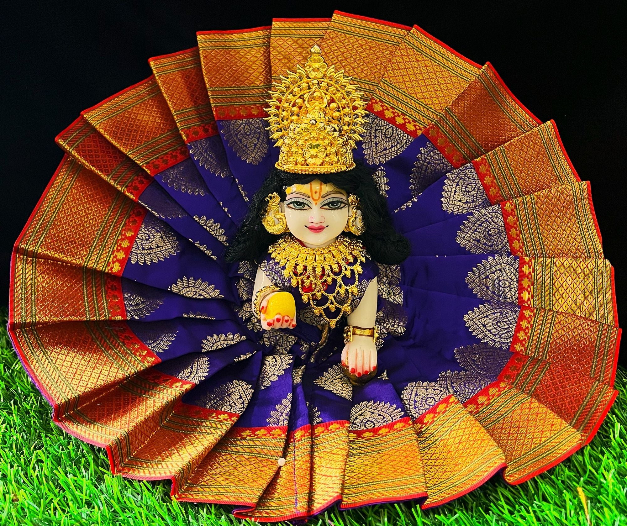 Laddu Gopal Dress made of Tapeta Silk Fabric (Pure Silk) - Blue dress with Orange zari border 1
