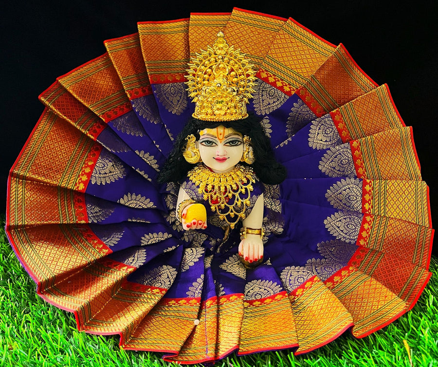 Laddu Gopal Dress made of Tapeta Silk Fabric (Pure Silk) - Blue dress with Orange zari border