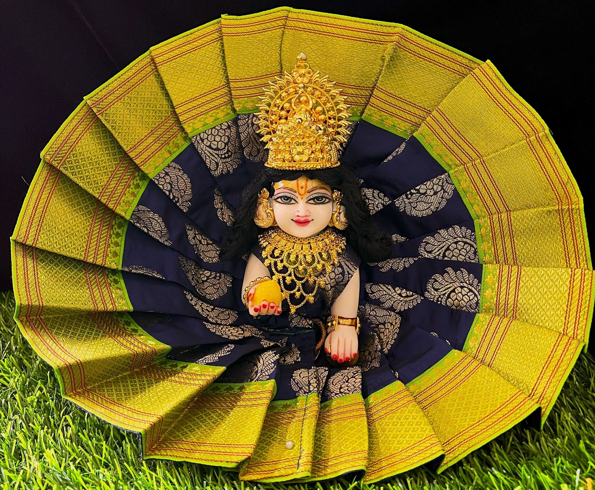 Laddu Gopal Dress made of Tapeta Silk Fabric (Pure Silk) - Navy Blue dress with  Parrot Green zari border 1