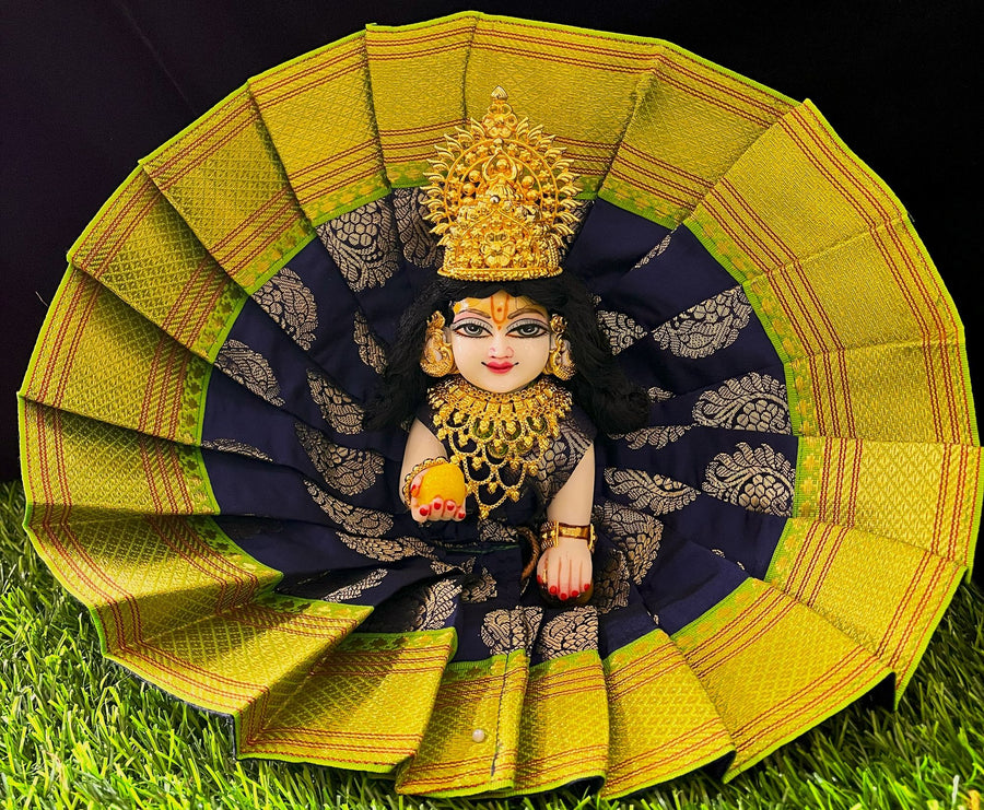 Laddu Gopal Dress made of Tapeta Silk Fabric (Pure Silk) - Navy Blue dress with  Parrot Green zari border