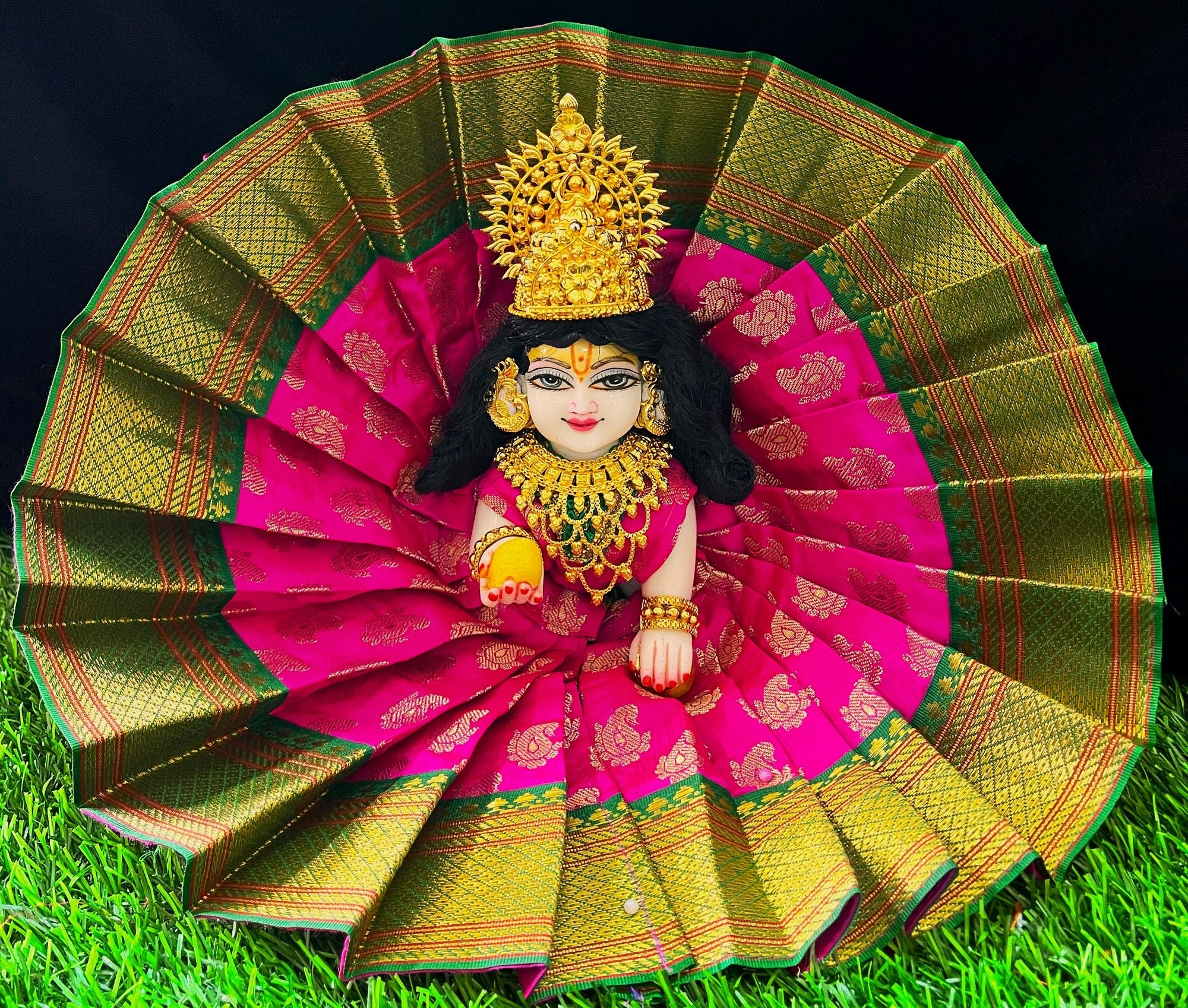Laddu Gopal Dress made of Tapeta Silk Fabric (Pure Silk) - Pink dress with  Green zari border 1