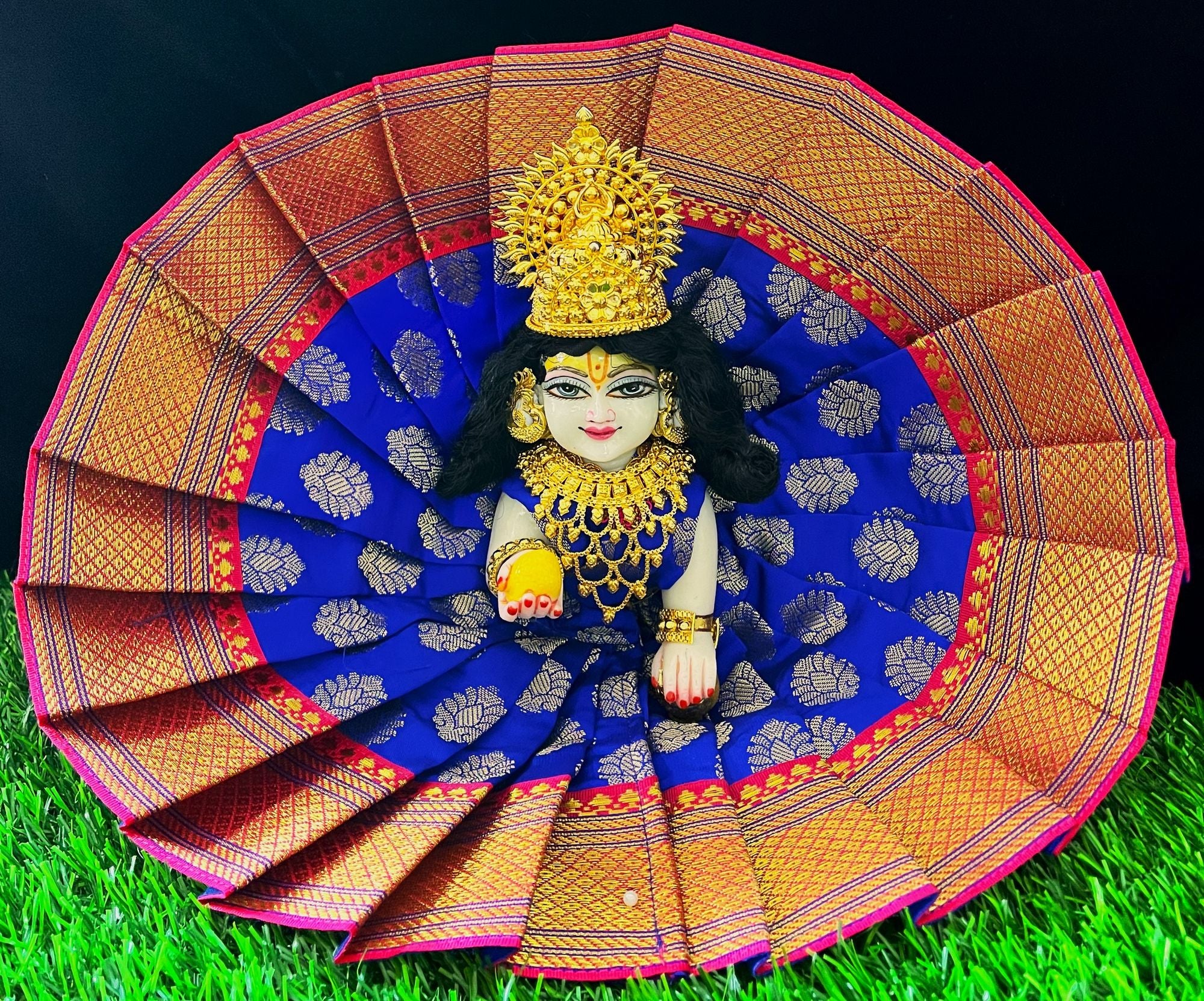 Laddu Gopal Dress made of Tapeta Silk Fabric (Pure Silk) - Royal Blue dress with  Pink zari border 1
