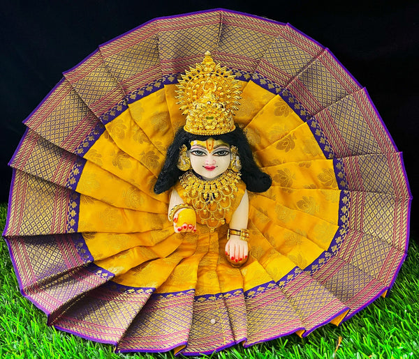 Laddu Gopal Dress made of Tapeta Silk Fabric (Pure Silk) - Yellow dress with  Blue zari border