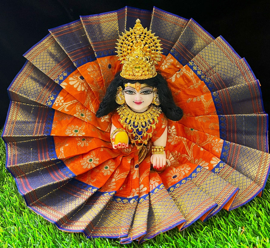 Laddu Gopal Dress made of Tapeta Silk Fabric (Pure Silk) - Orange dress with Blue zari border
