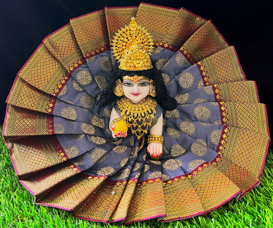Laddu Gopal Dress made of Tapeta Silk Fabric (Pure Silk) - Grey dress with Maroon zari border