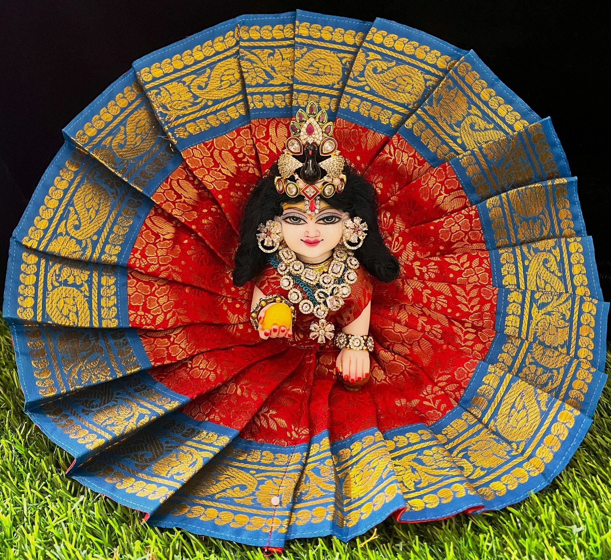 Laddu Gopal Dress made of Brocade Silk Fabric (Not Pure Silk) - Red dress with Sky Blue zari border 1