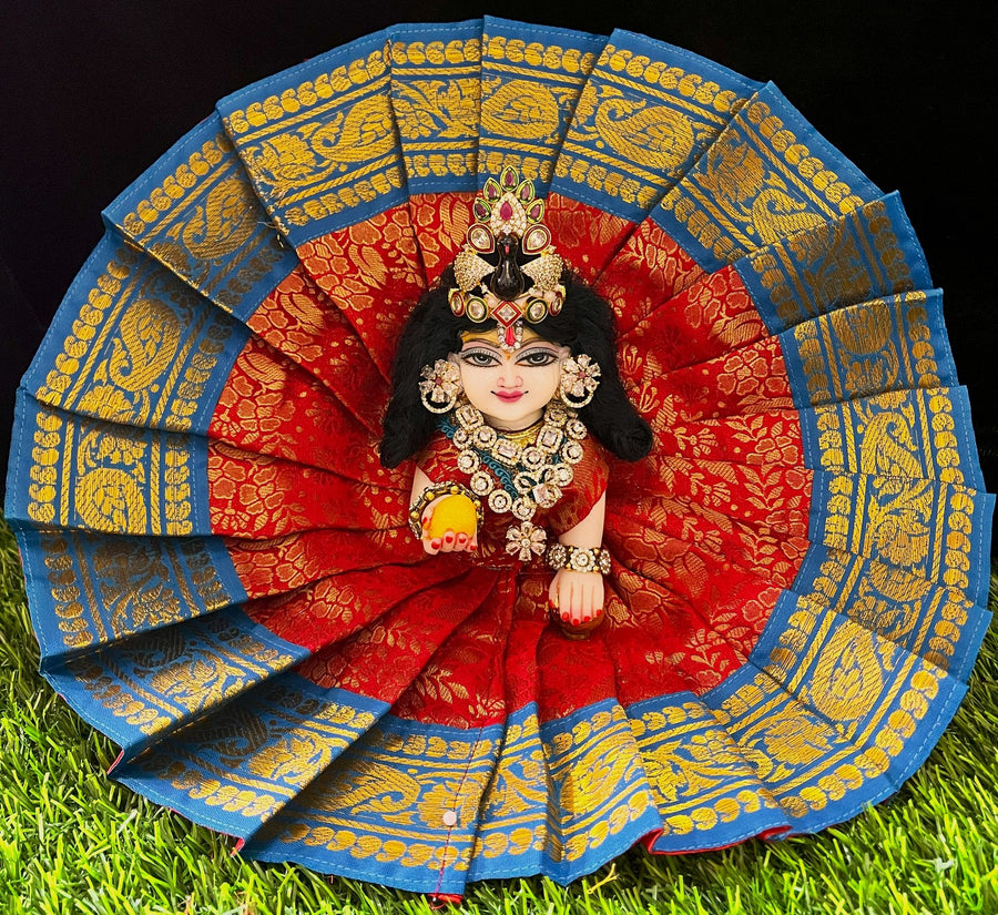 Laddu Gopal Dress made of Brocade Silk Fabric (Not Pure Silk) - Red dress with Sky Blue zari border