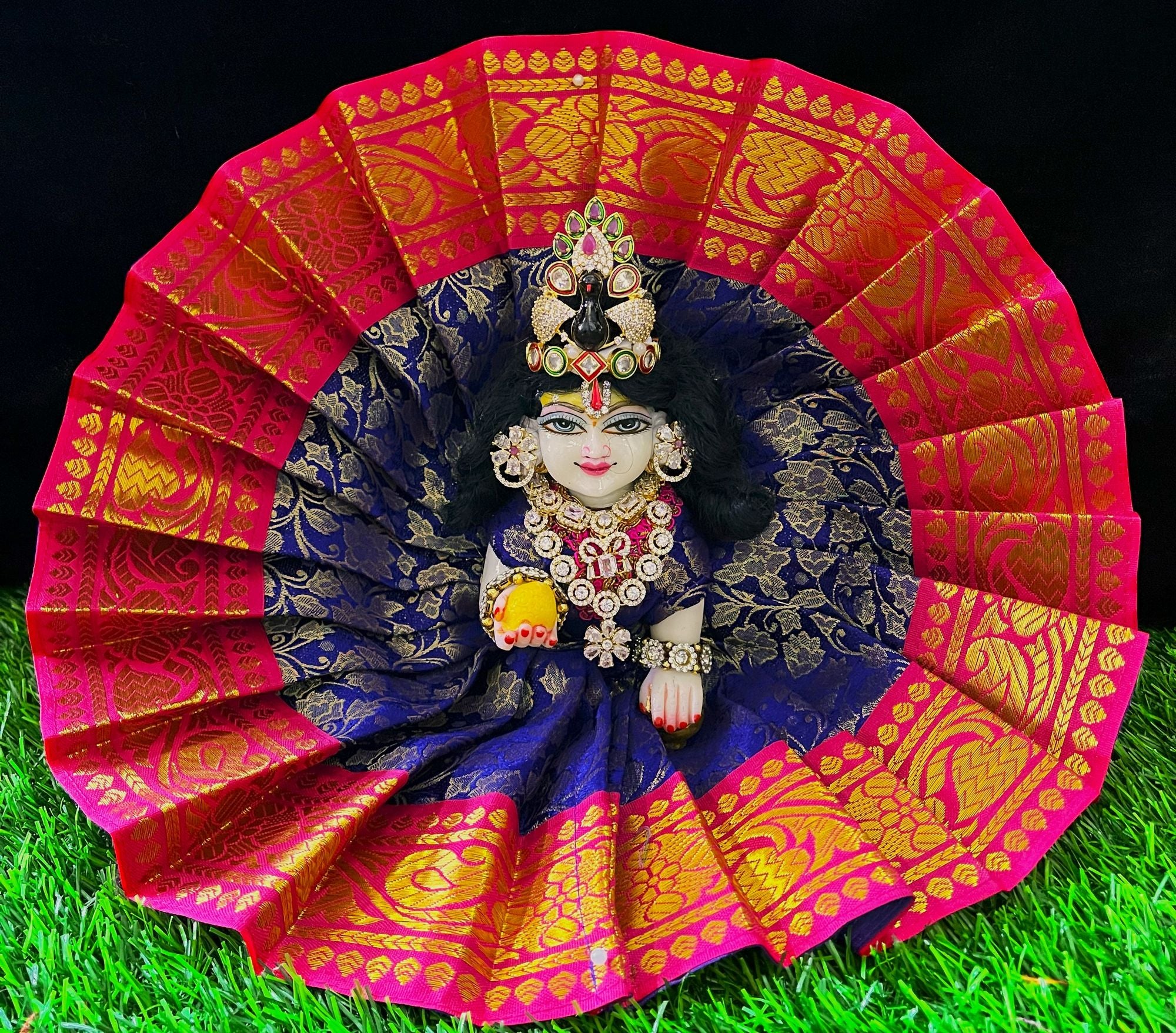 Laddu Gopal Dress made of Brocade Silk Fabric (Not Pure Silk) - Blue dress pink with zari border 1