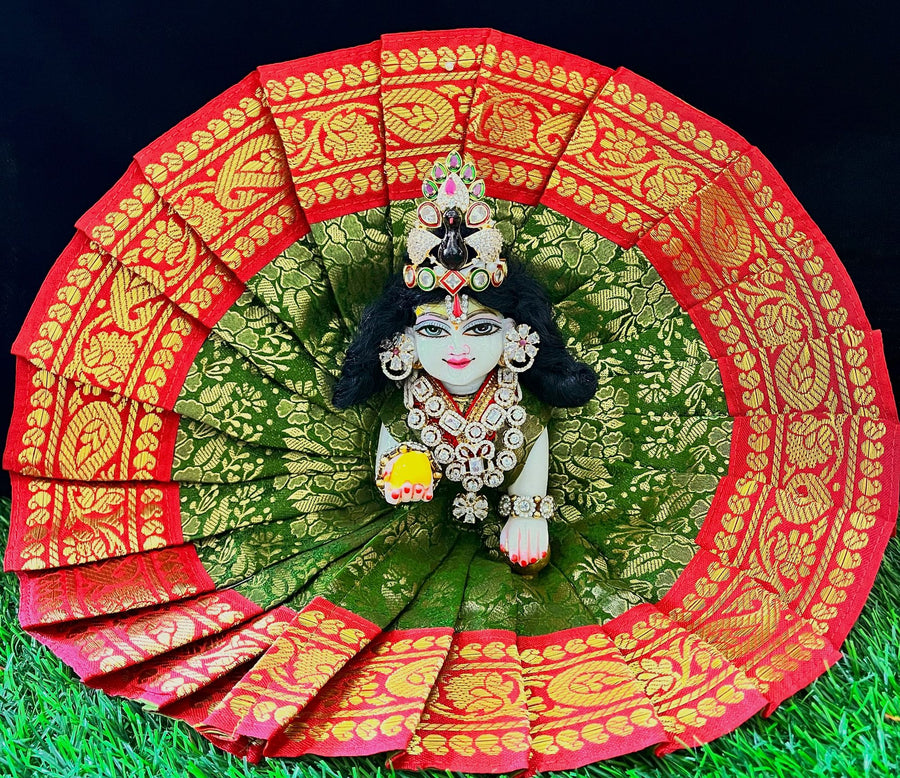 Laddu Gopal Dress made of Brocade Silk Fabric (Not Pure Silk) - Sap Green dress with  Red zari border