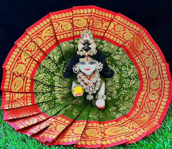 Laddu Gopal Dress made of Brocade Silk Fabric (Not Pure Silk) - Sap Green dress with  Red zari border