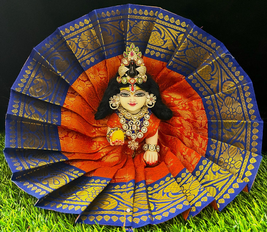 Laddu Gopal Dress made of Brocade Silk Fabric (Not Pure Silk) - Orange dress with Blue zari border