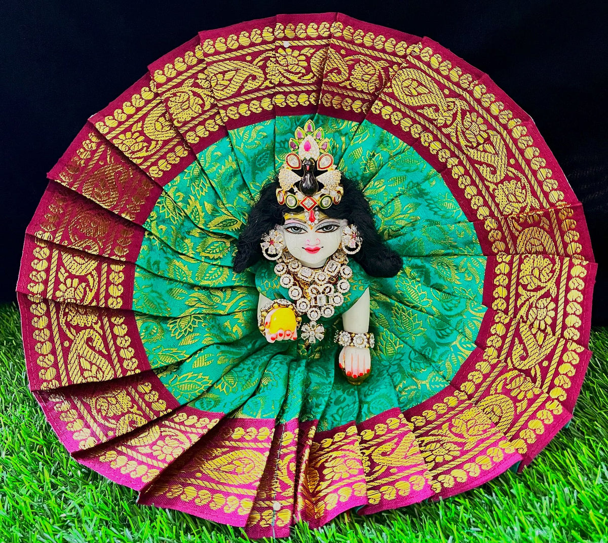 Laddu Gopal Dress made of Brocade Silk Fabric (Not Pure Silk) - Turquoise Green dress with  Maroon zari border