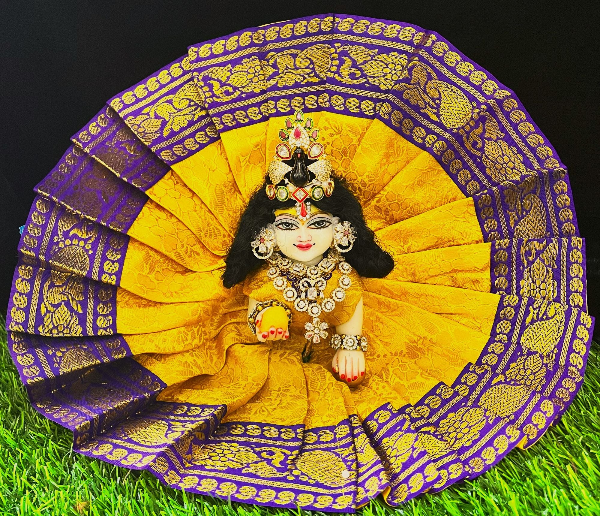 Laddu Gopal Dress made of Brocade Silk Fabric (Not Pure Silk) - Yellow dress with Purple zari border 1