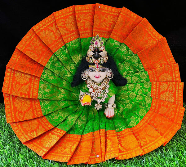 Laddu Gopal Dress made of Brocade Silk Fabric (Not Pure Silk) - Parrot Green dress with Orange zari border