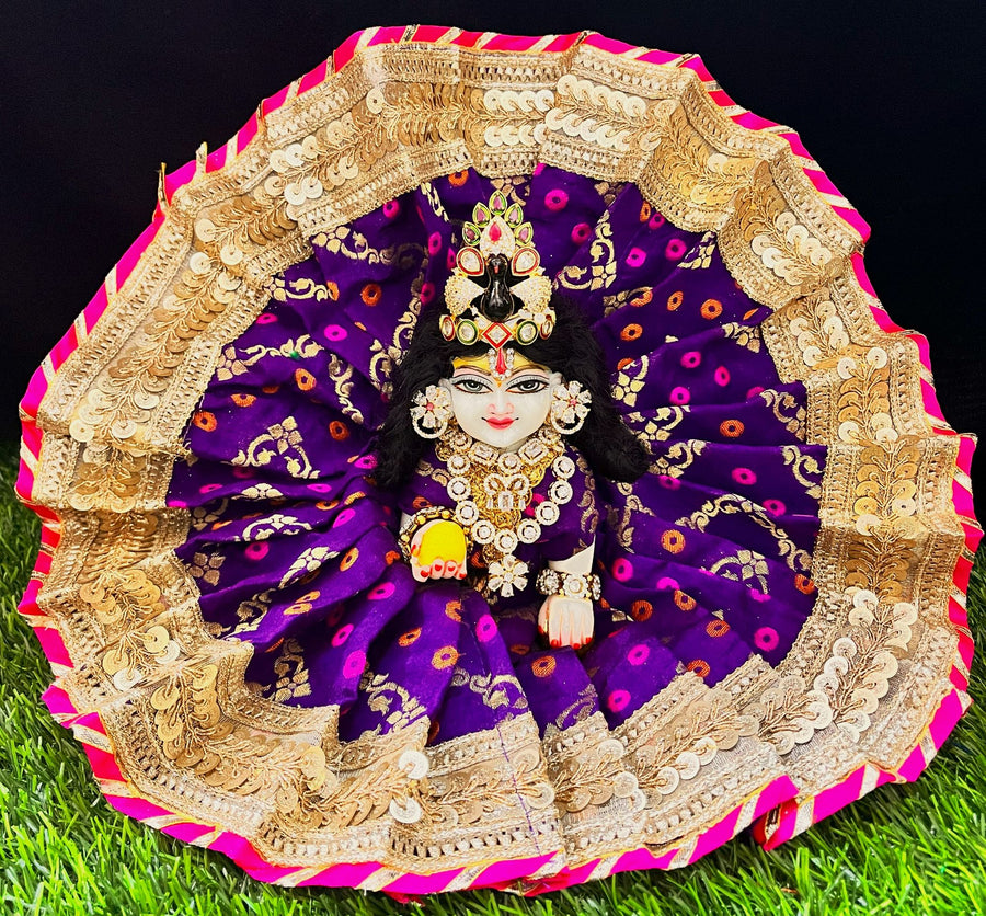 Laddu Gopal Dress made of Multicoloured Chanderi Silk (Not Pure Silk) - Purple dress with Gold and pink Sequence work zari border