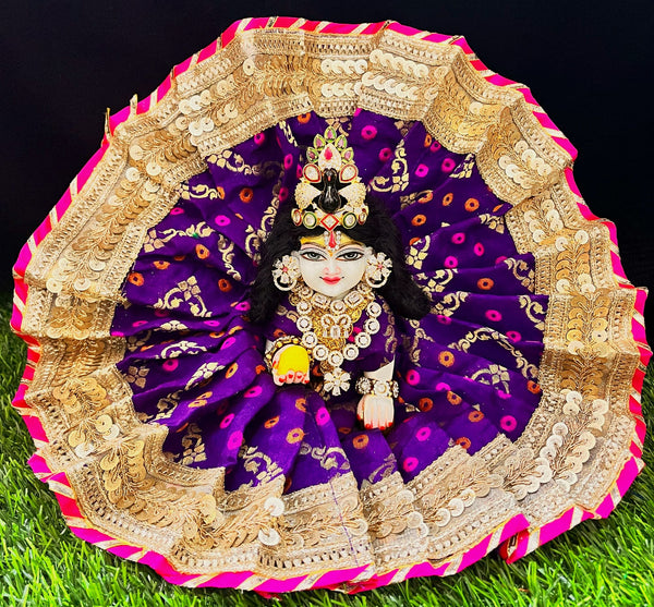 Laddu Gopal Dress made of Multicoloured Chanderi Silk (Not Pure Silk) - Purple dress with Gold and pink Sequence work zari border