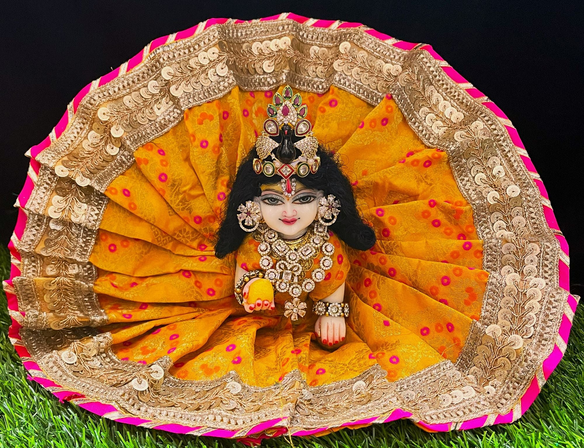 Laddu Gopal Dress made of Multicoloured Chanderi Silk (Not Pure Silk) - Yellow dress with Gold and Pink Sequence work zari border 1