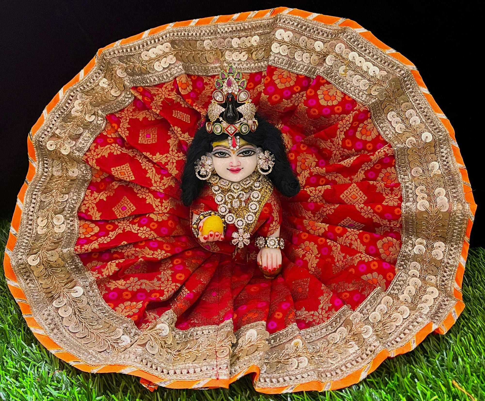Laddu Gopal Dress made of Multicoloured Chanderi Silk (Not Pure Silk) - Red dress with Gold and Orange Sequence work zari border 1